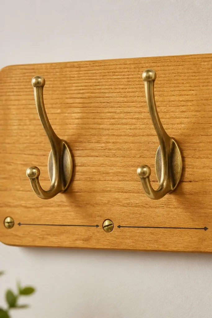 A pair of brass hooks mounted on a light pine board. The board is stained warm honey, with three small brass screws and a simple black line label near the bottom.