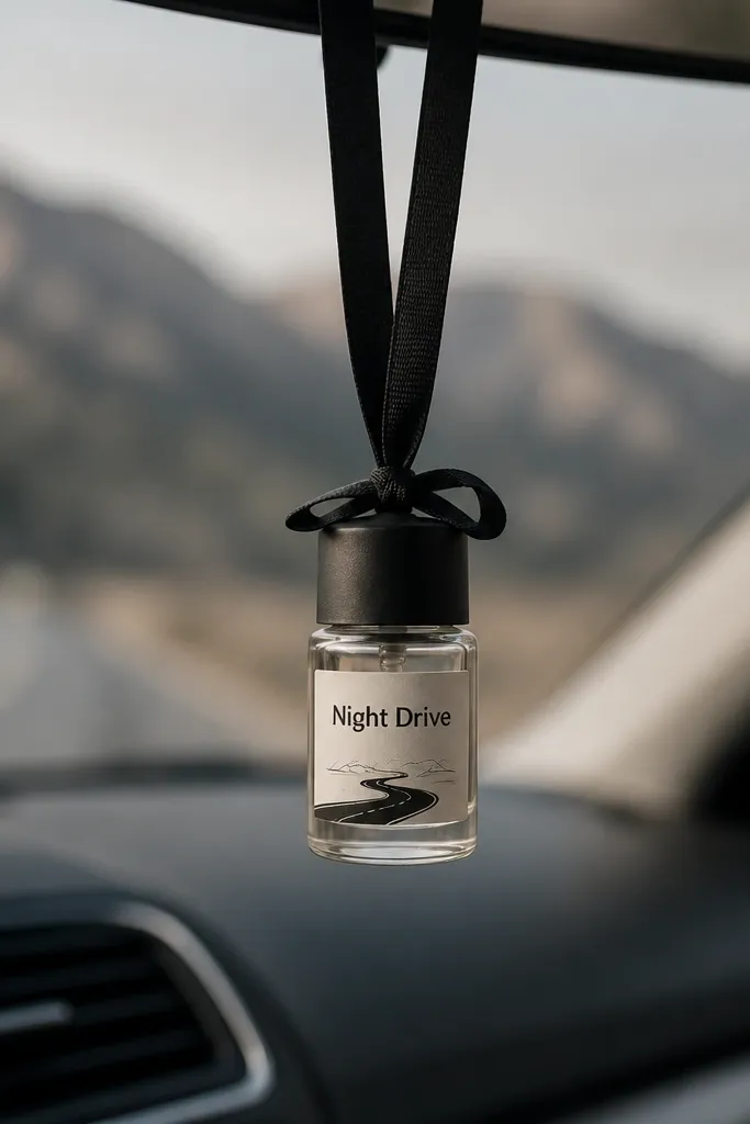 A small car air freshener made from a mini glass bottle. It has a cream label with a simple road line graphic and the words 'Night Drive' in black, plus a black cap and ribbon.
