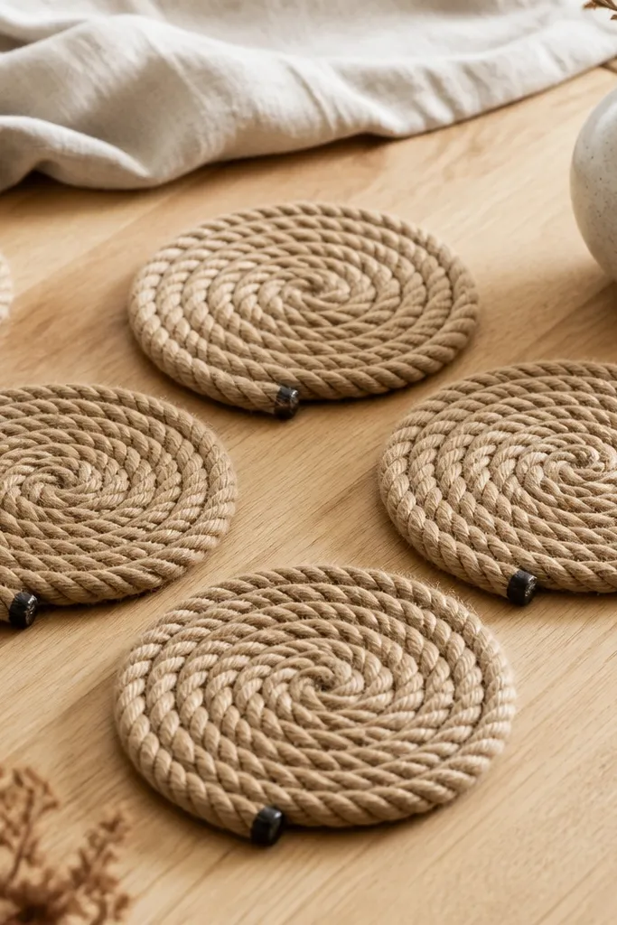 Four round coasters made from thick natural rope. The rope knots form a tight spiral, and the ends have a clean darkened finish, with the coasters sitting on a light wood surface.