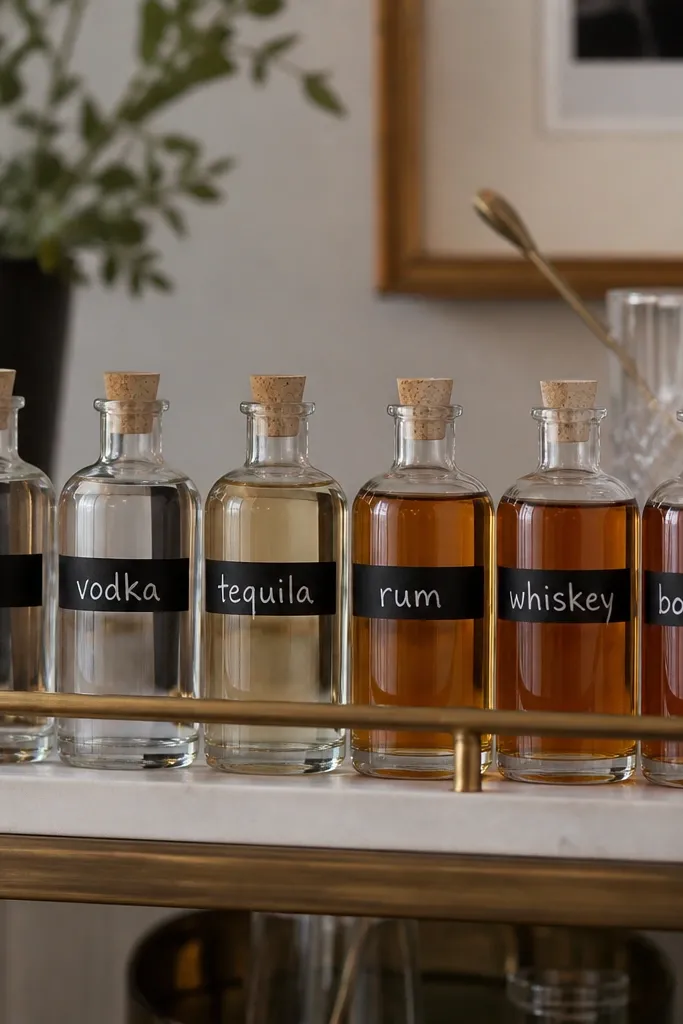 A set of small glass bottles on a bar cart. Each bottle has a black label strip with white chalk-marker text, and the labels are aligned at the same height.