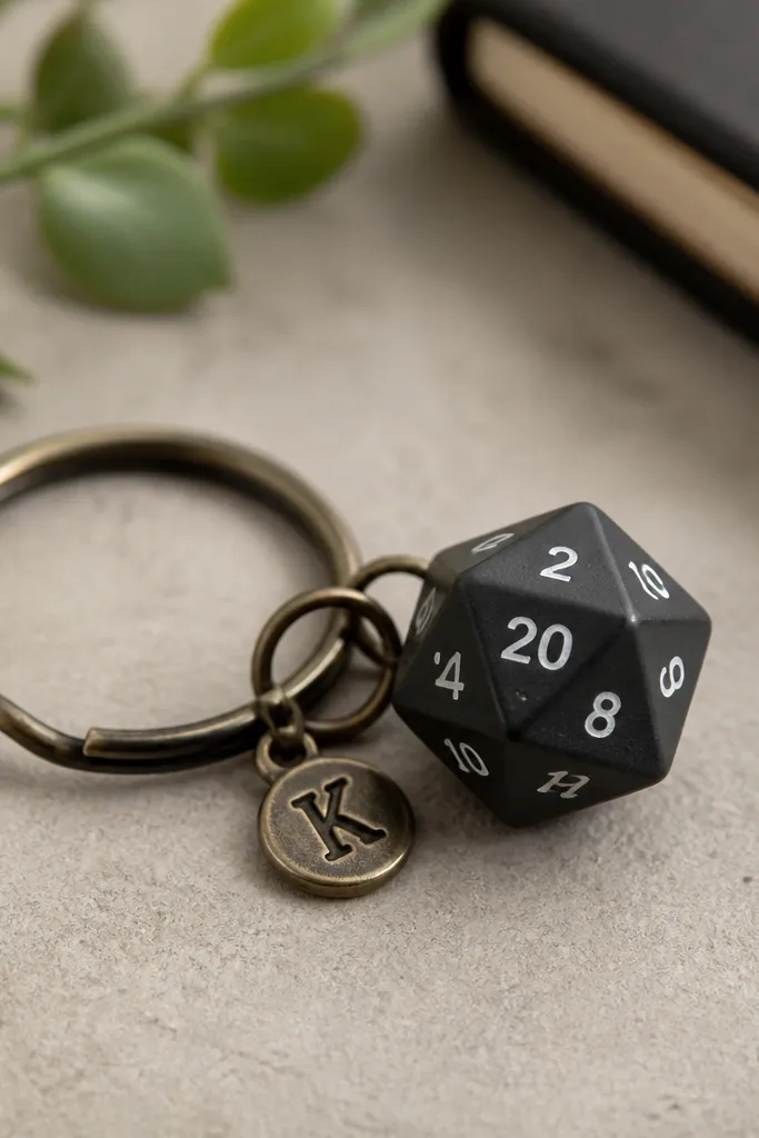 A small matte resin dice keychain attached to a keyring. The dice has crisp white number faces, and a tiny metal charm with a single letter hangs off the ring.
