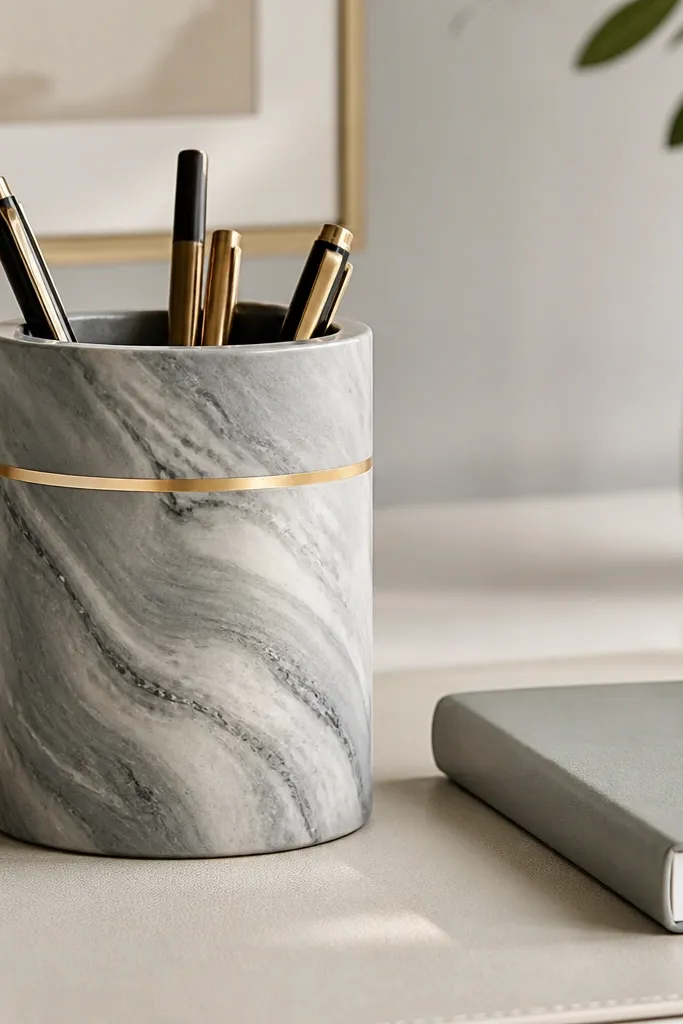 A cylindrical pen holder painted with grey faux marble swirls. A thin gold stripe wraps around the top third, and the holder sits next to a notebook on a cream desk mat.