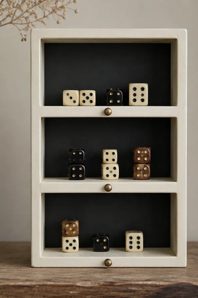 A small wooden shelf with three compartments. It's painted matte cream with a charcoal back panel, and tiny brass knobs mark each section. Dice sit neatly inside compartments.