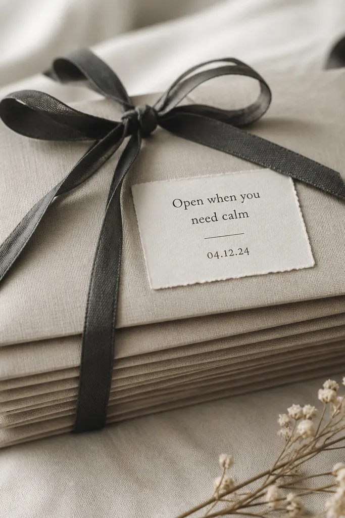 A stack of linen-texture envelopes tied with a dark ribbon. Each envelope has a small label with a single phrase like 'Open when you need calm' in black ink and a date.