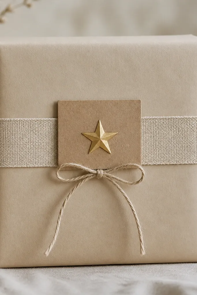 A square gift box wrapped in matte cream kraft paper. A wide strip of light beige fabric cinches around the middle like a belt. A small tag made from kraft paper sits on the front with a gold star sticker, and a thin twine bow hangs under it.