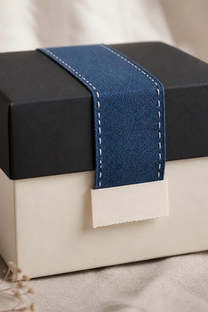 A black-and-cream gift box with a denim ribbon band around it. The ribbon has visible stitched lines drawn with white thread. A small cream label with handwritten-style text sits at the front under the fold.