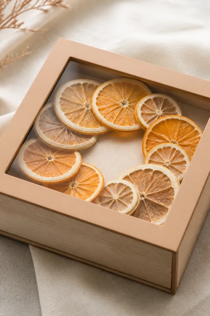 A light wood-toned gift box with a lid window made from clear acetate. Inside the window, dried orange and lemon slices are arranged in a loose circle. The box edges are painted a soft tan and sealed with a matte finish.