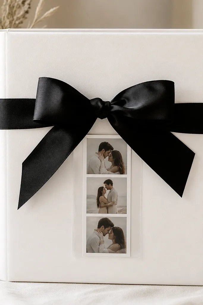 A matte white gift box with a big black ribbon bow on the front. A small photo strip (three mini photos) is tucked behind a clear pocket under the bow, aligned like a film strip.
