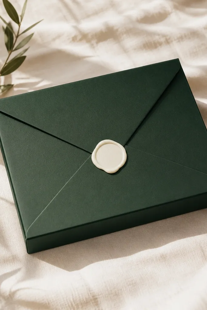 A deep green gift box shaped like an envelope. The lid has folded corner panels that meet in the center. A small cream wax-seal sticker sits on the front where the corners overlap.