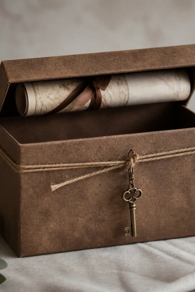 A box wrapped in brown paper with a subtle walnut stain look. Inside the lid, a rolled paper map ribbon peeks out. The front has a small metal key charm clipped to twine.