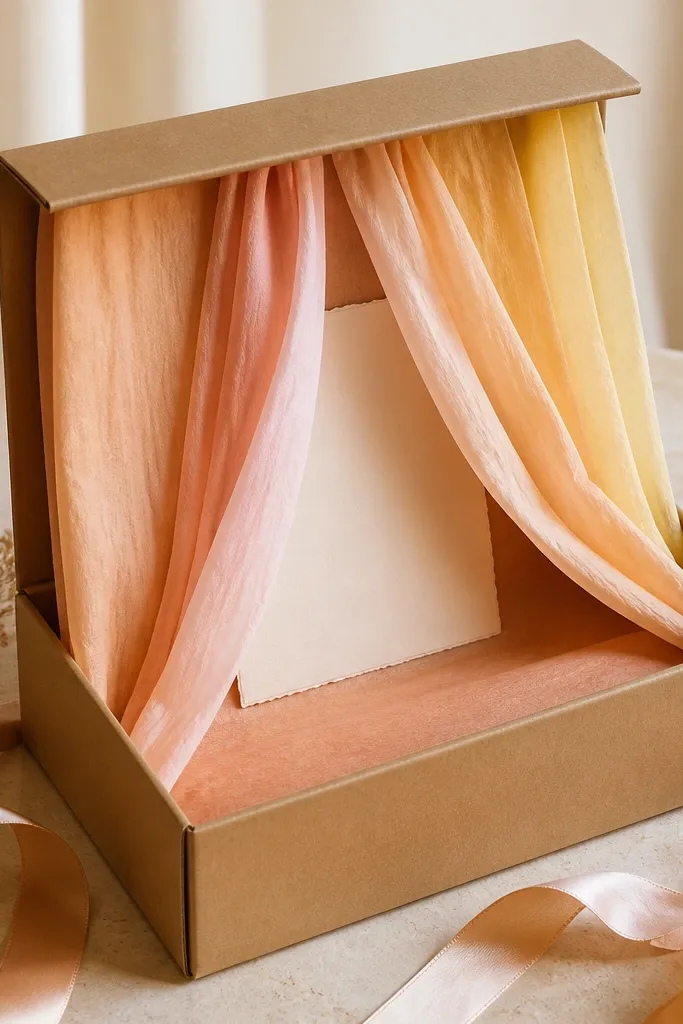 A kraft box opened upward like a display. Inside, layered tissue paper panels hang like curtains in peach, blush, and pale yellow. A satin ribbon wraps the outside, and a small card sits behind the tissue.