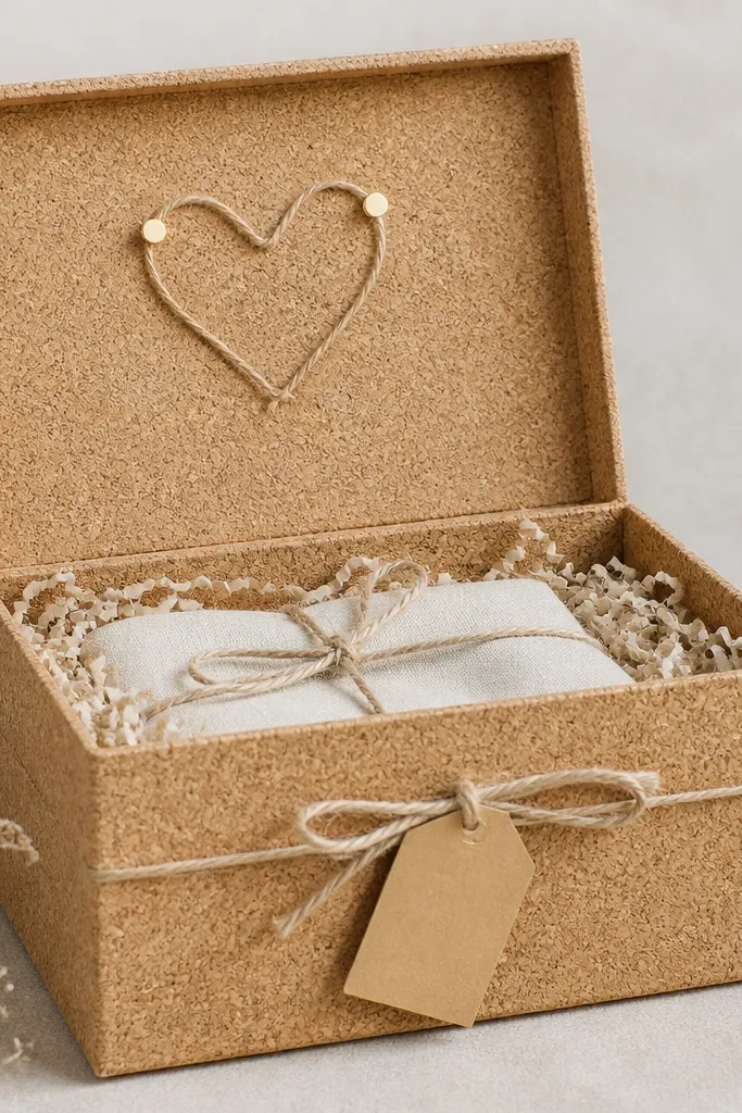 A corkboard-textured gift box. On the inside lid, a small heart shape is formed from thin twine and held with two pushpins. The front has a simple kraft label tied with twine.
