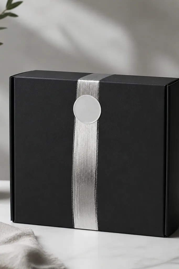 A matte black gift box with a single brushed silver foil stripe running vertically across the front. The stripe has visible brush texture. A small circular sticker seal sits near the top of the stripe.
