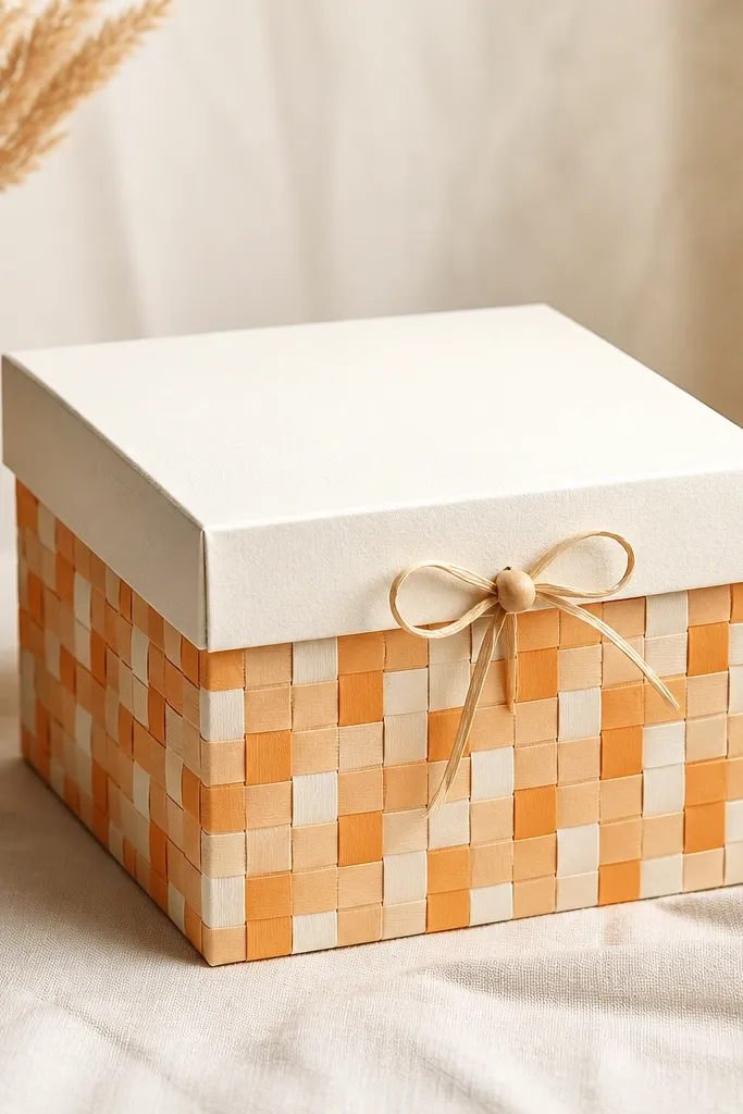 A woven paper look on the box sides. Thin strips alternate in orange, peach, and cream. The lid has a simple ribbon closure and a small wooden bead on the bow.