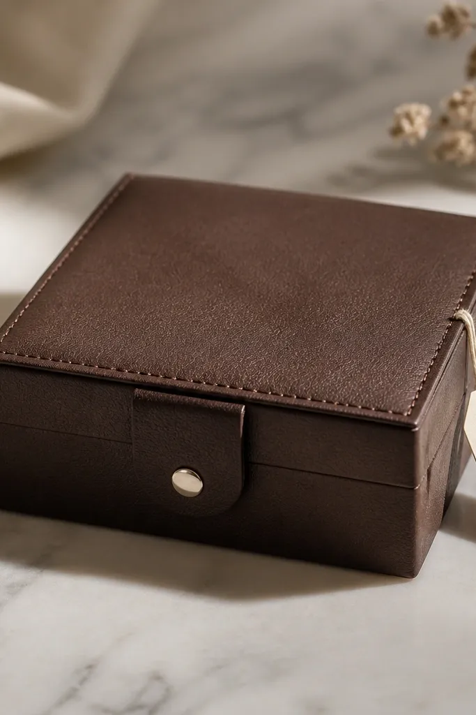 A box wrapped in deep brown faux leather sleeve. There's a snapped metal stud closure on the front. A thin stitched line runs around the edges and a small cream tag hangs from the corner.