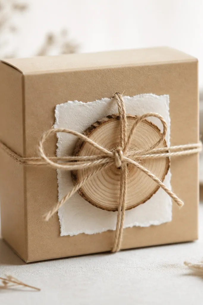A light kraft box with a small wood slice glued to the front. Twine wraps around it in a bow. A matte vellum label with handwritten ink sits under the wood slice.