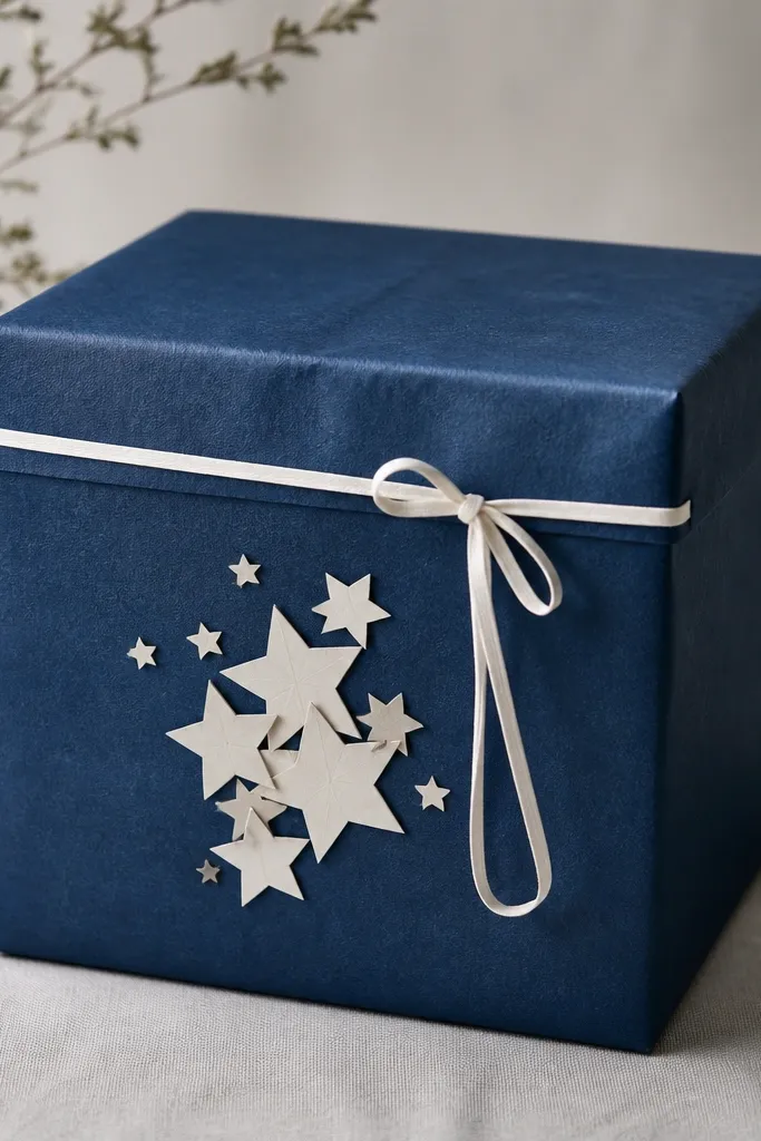 A box wrapped in indigo-dyed paper. On the front, white paper cut-out stars are layered in a cluster. A thin white ribbon ties a simple closure around the lid.