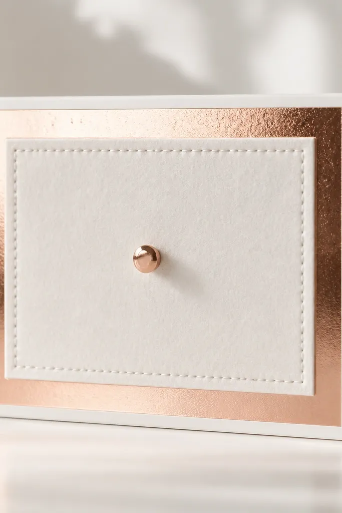 A white box with a rose gold foil rectangular frame on the front. In the center is a white felt panel with a stitched border. A small rose gold button sits in the middle of the felt.
