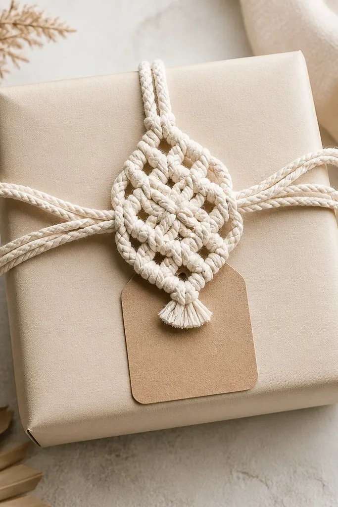 A box wrapped in neutral beige paper. On the front, a macrame-style knot made from braided cord sits above a small kraft label. The ribbon loops hang slightly off the edges.