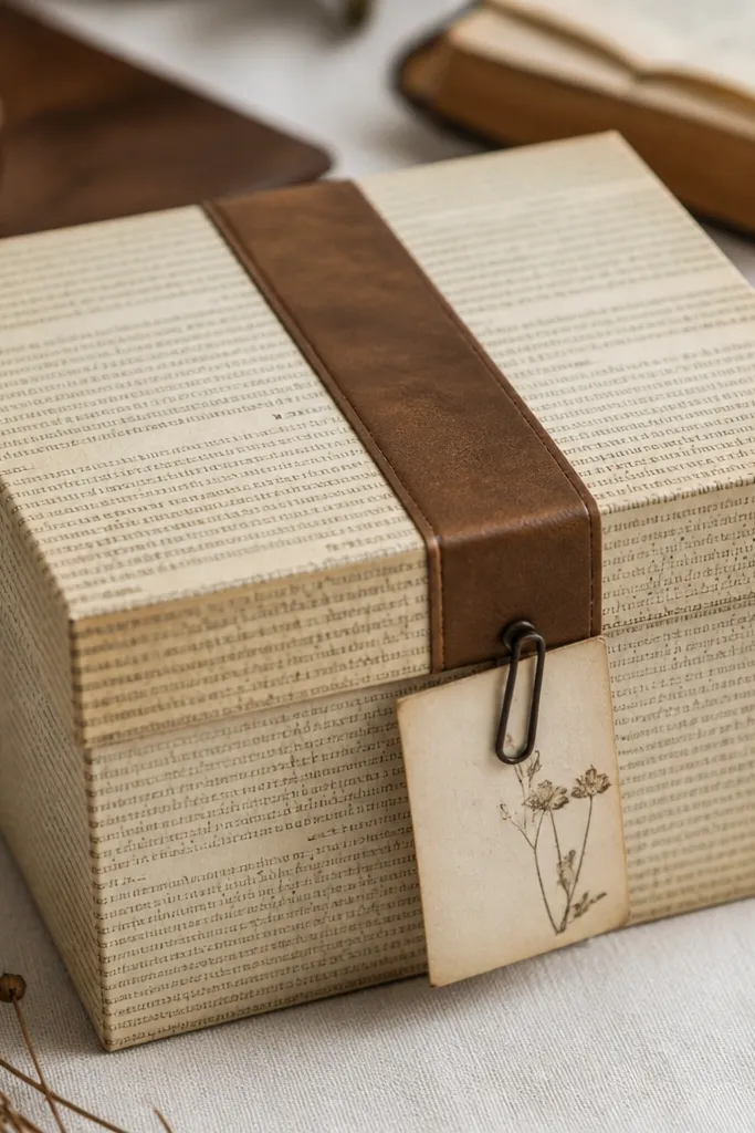 A box covered in vintage-looking book pages. On the lid, a leather-color bookmark strip runs down the center like a spine. A metal paperclip charm holds a small card at the front.