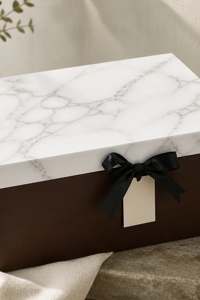 A chocolate brown box with a top covered in white marble-pattern contact paper. The front has a small black ribbon bow and a simple tag. The marble top has gray veining and a glossy but smooth finish.