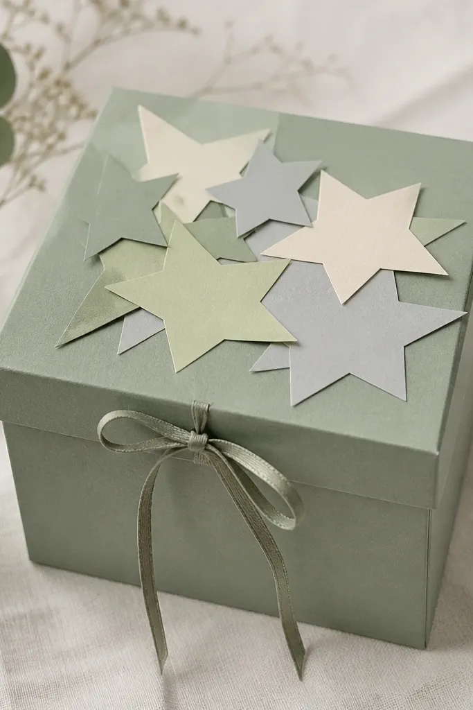 A soft sage green box with a lid covered by layered paper stars. The stars are in sage, cream, and pale gray. A small ribbon tie holds the lid shut.