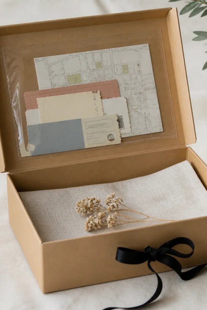 A kraft box with a clear plastic pocket on the inside lid. Behind the pocket are ticket stubs and a small museum map print. A black ribbon closure sits on the front.