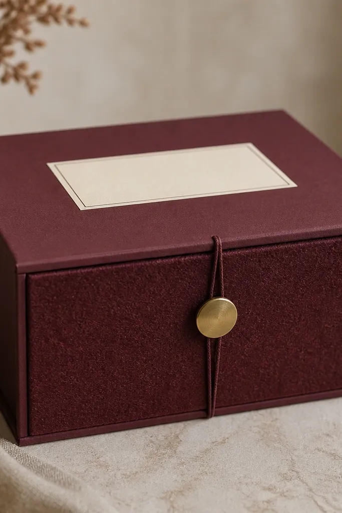 A maroon felt panel wraps the front of a box. A brass button sits in the center and a thin string closure loops around it. The lid is covered in matching maroon paper with a cream label.