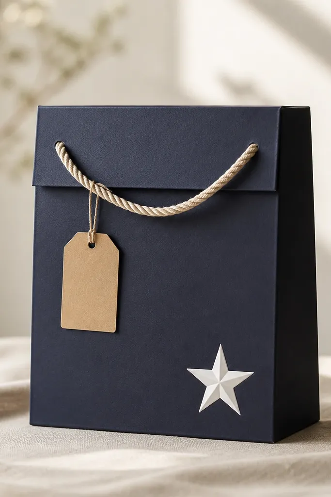 A navy gift box with a white embossed star in the bottom corner. A small rope handle loops from side to side on the lid. A simple kraft tag hangs from the rope.