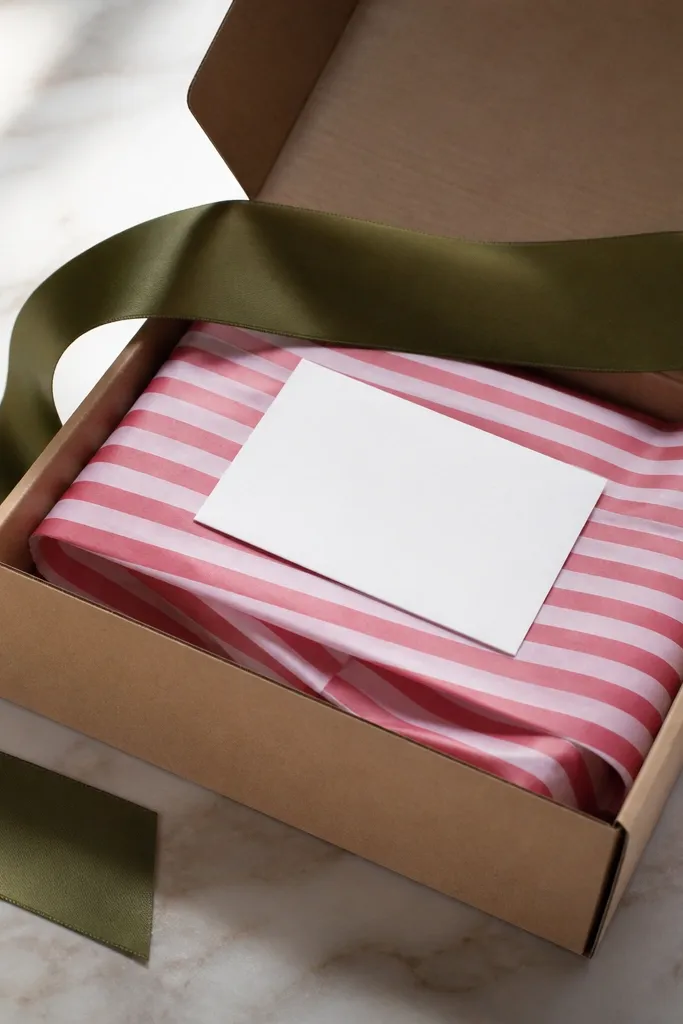 A plain kraft box with a dramatic statement ribbon across the top. Inside, candy-stripe tissue paper is folded into thick layers. A small white card sits on top of the tissue.