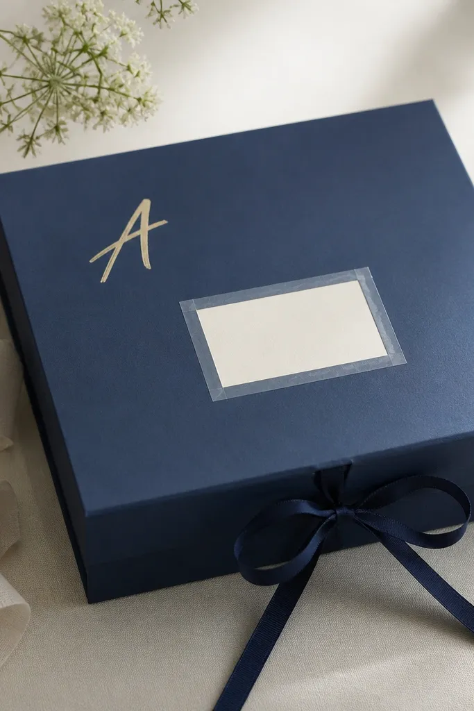 A box with a clean matte finish. One corner has a painted initial in a contrasting color. A clear tape frame outlines a small label area. A ribbon closure ties the lid shut.