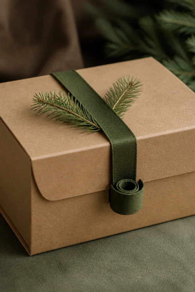 A kraft box with a rolled ribbon closure on the front. On the lid, small dried pine sprigs are tucked under a ribbon strip. The overall look is brown kraft with green accents.