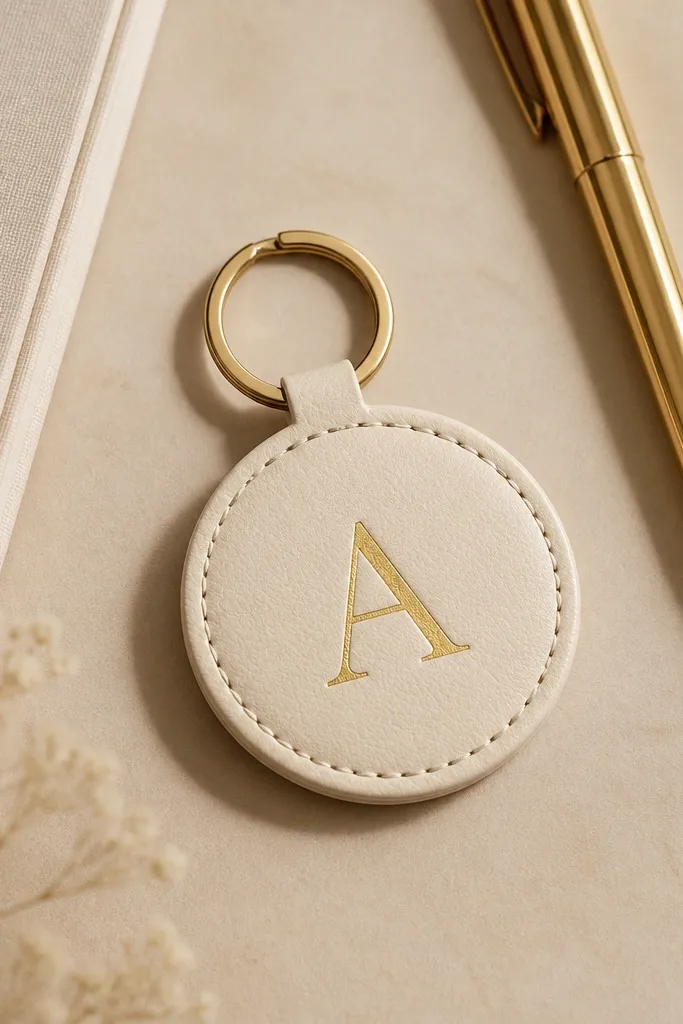 A small round cream faux-leather keychain with a gold vinyl initial in the center, a short gold split ring, and neat stitched edges; it sits on a beige desk with a gold pen.