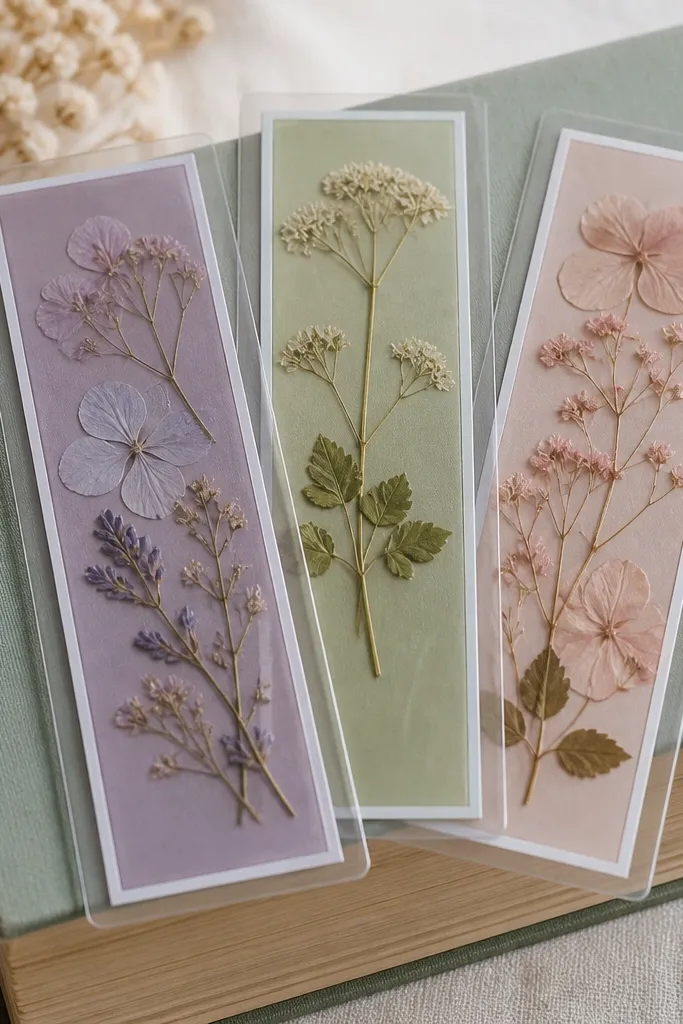 Three bookmarks inside clear laminating sleeves: muted lavender, pale sage, and blush pressed flowers with a thin white border; they are stacked on a book with visible page texture.
