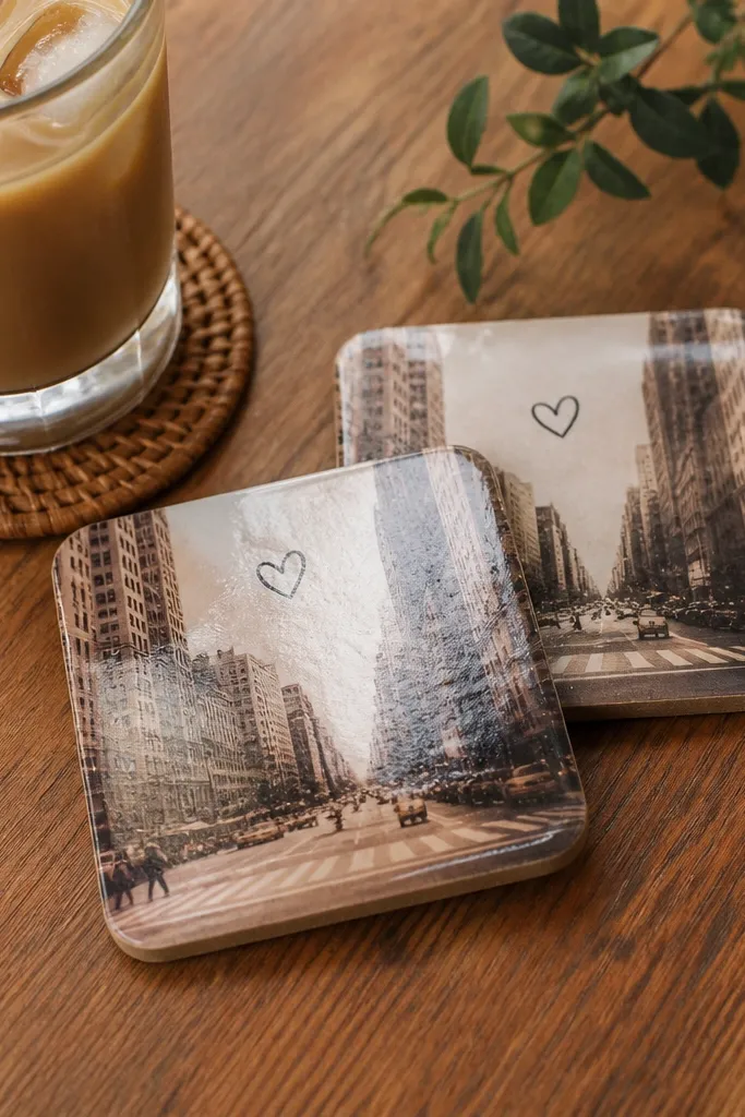 Two square coasters with a faded photo transfer of a city street and a tiny heart doodle, finished with a glossy clear coat; they sit on a wooden table with a cold drink.