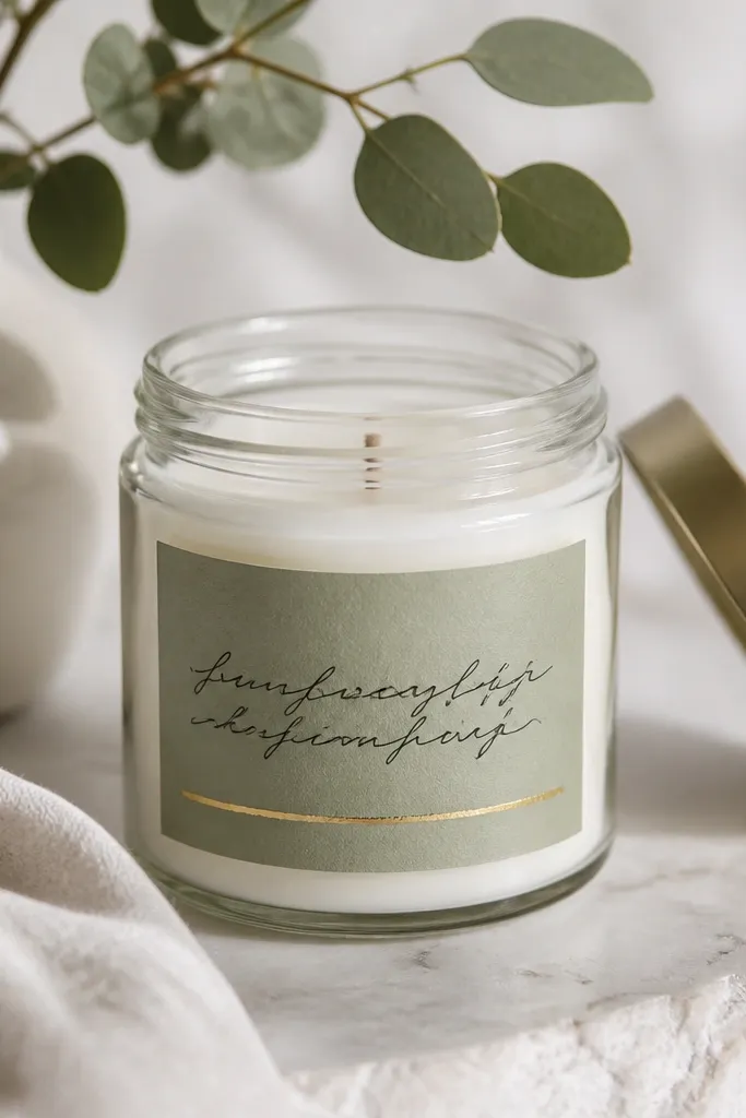 A small glass candle jar with a removable label in soft sage paper, hand-lettered cursive quote in dark ink, and a thin gold foil underline.