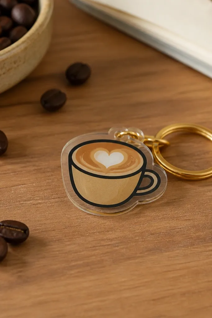 A small shrink plastic charm shaped like a latte cup, with thick black outline, light brown and beige fill, and a gold key ring; it sits on a desk with coffee beans.