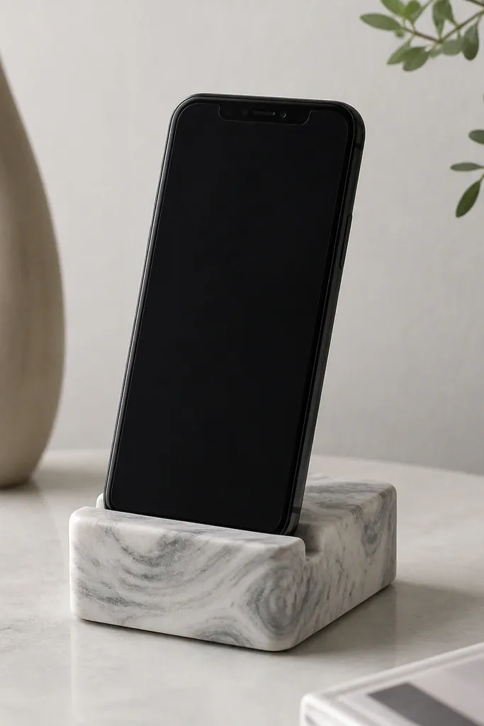 A small rectangular phone stand in gray and white marble-effect polymer clay with a smooth top and a hollow back; it's photographed with a phone in portrait mode.