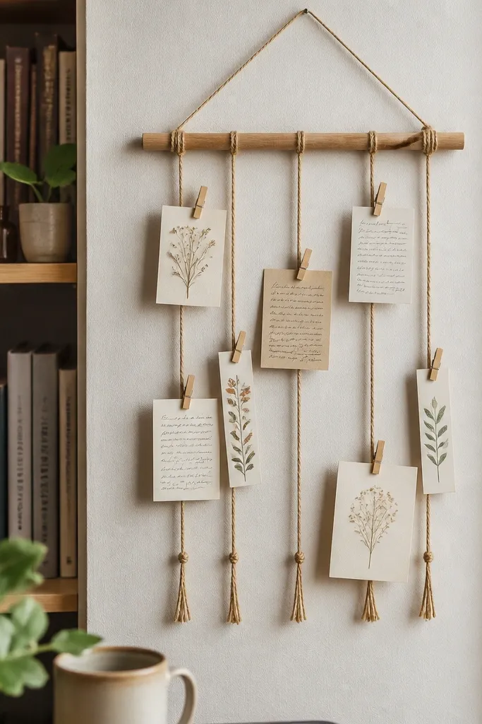 A small wall hanging made with jute twine strung across a wooden dowel, mini clothespins holding handwritten notes, and a few tiny paper bookmarks clipped in; it's photographed near a bookshelf.