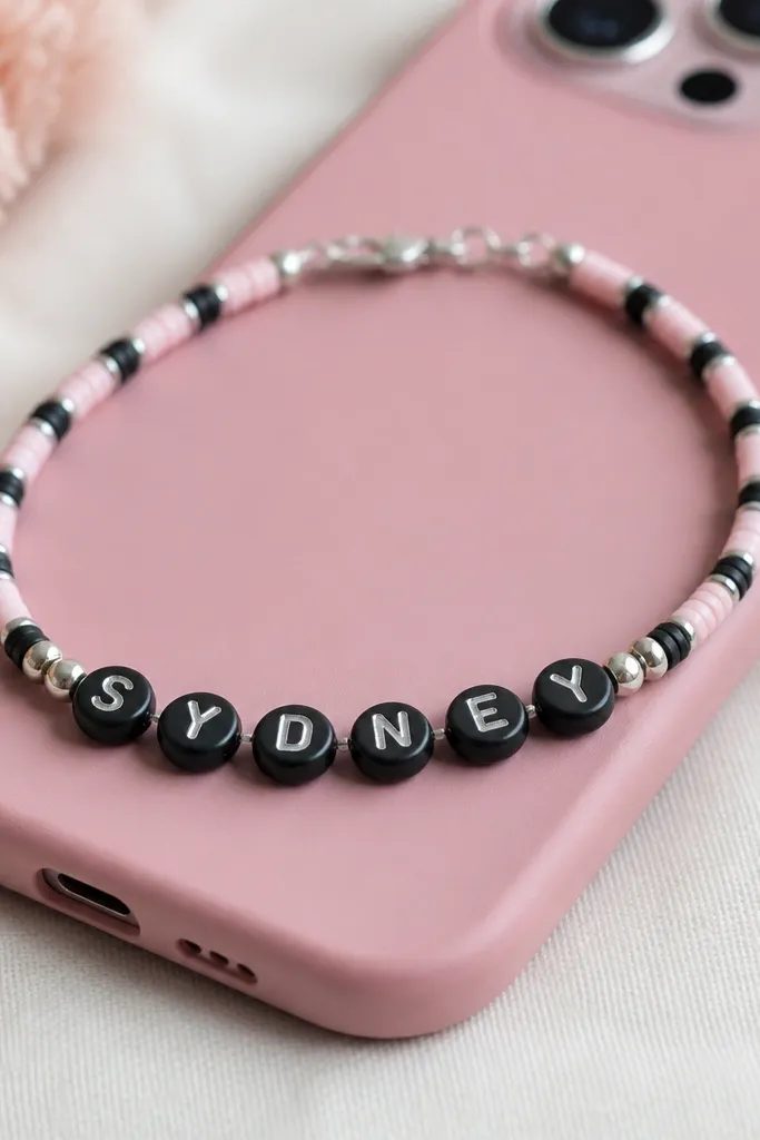 A slim bracelet with flat letter pony beads spelling a name, using matte black, pale pink, and silver spacer beads; it's laid on a pink phone case.