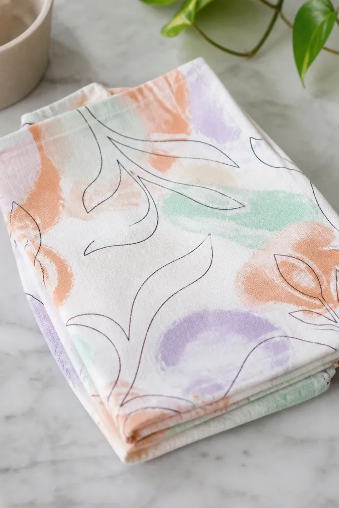 A folded white tea towel stained with pastel swirls (peach, mint, lavender) and a simple black outline pattern that looks like it resisted dye; it's photographed on a kitchen counter.