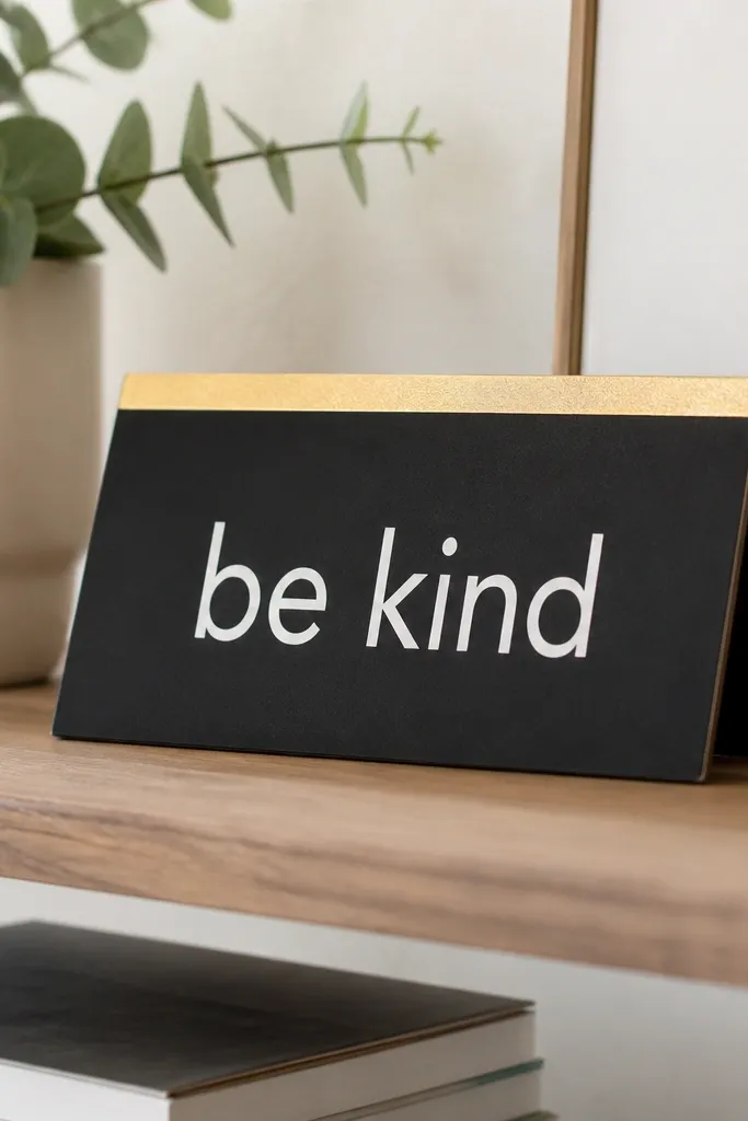 A small black sign made from thick cardboard covered with gold foil on the top edge, with clean white vinyl letters reading a short phrase; it's propped on a shelf.