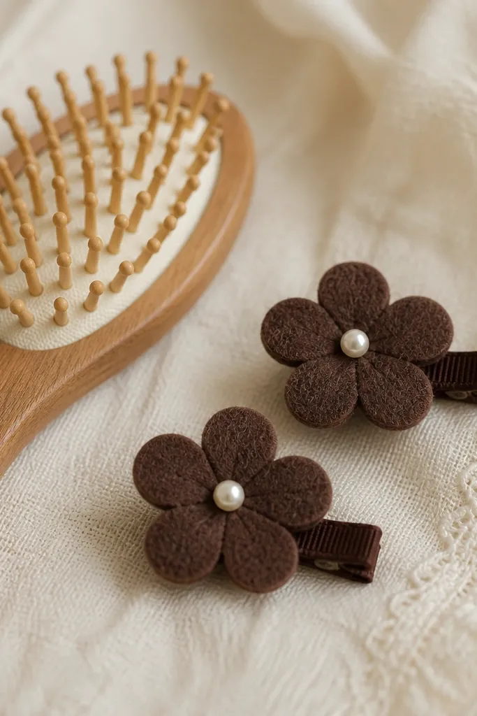 A pair of small felt hair clips in chocolate brown with a tiny pearl dot in the center, photographed beside a hairbrush; the clips have clean rounded petals.