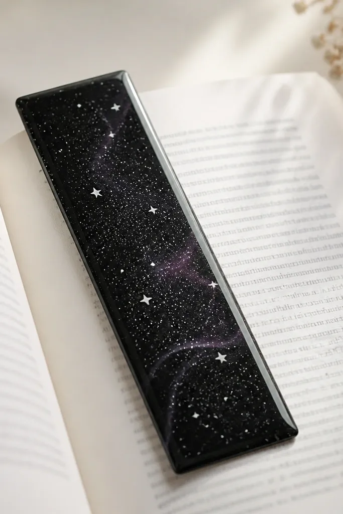 A black bookmark with tiny white gel-pen stars, a faint purple swirl, and a glossy clear resin top layer; it's photographed over a book page.