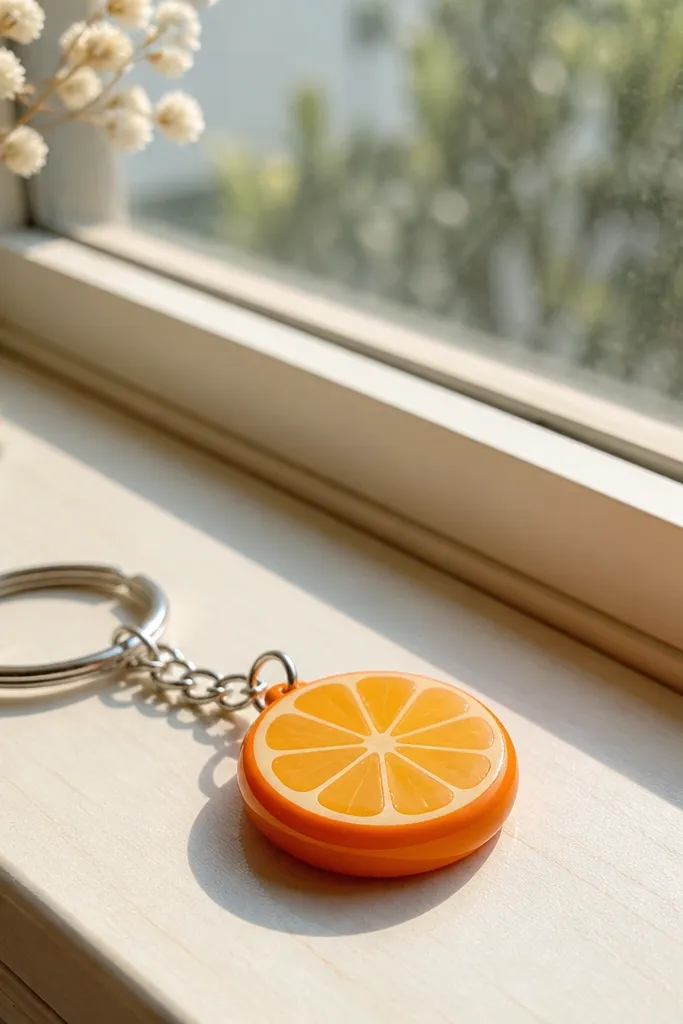 A small polymer clay orange slice keychain with carved segments, pale yellow interior, and bright orange rind, finished with a glossy clear top; it sits on a sunny window ledge.