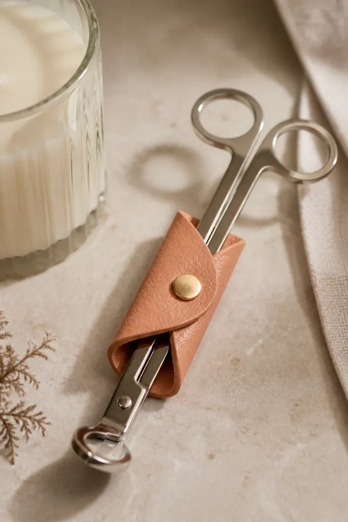 A small faux leather strap in apricot color holding a metal wick trimmer tool, with a stamped word and a gold rivet; it's photographed beside a candle jar.
