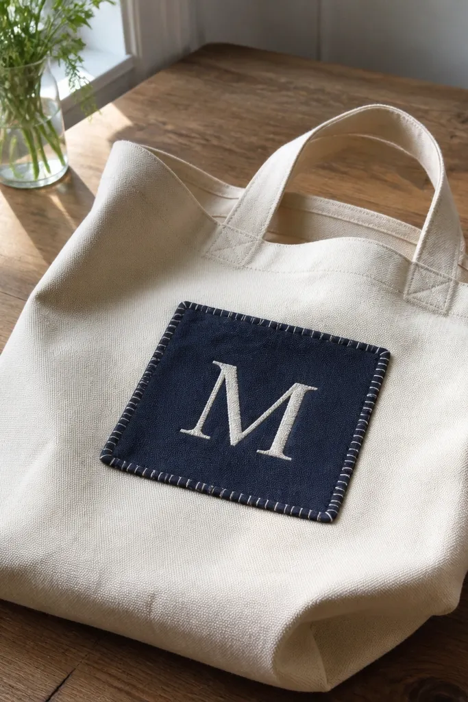 A cream canvas tote with a stitched-looking monogram patch in navy thread style, with clean edges and a small star corner accent; it's photographed on a chair with denim.
