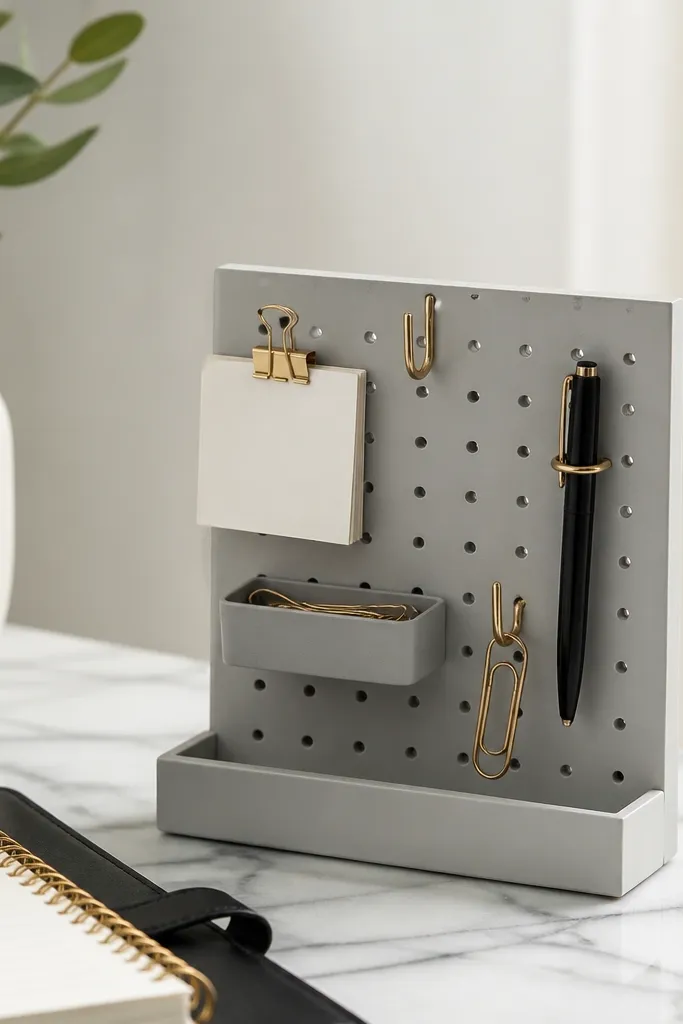 A small white pegboard desk organizer painted in pale gray with gold hooks, holding paper clips, tiny note cards, and a pen; it sits next to a planner.
