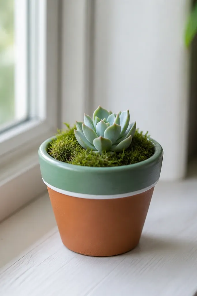 A small terracotta pot filled with moss and a tiny succulent, with a hand-painted rim in muted green and a thin white line; it's photographed on a windowsill.