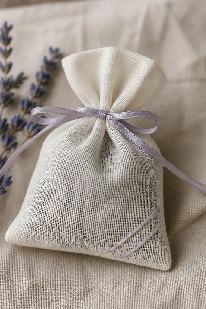 A small muslin sachet with lavender buds inside, tied with a thin ribbon, and tiny embroidered lines near the corner; it's photographed on linen fabric.